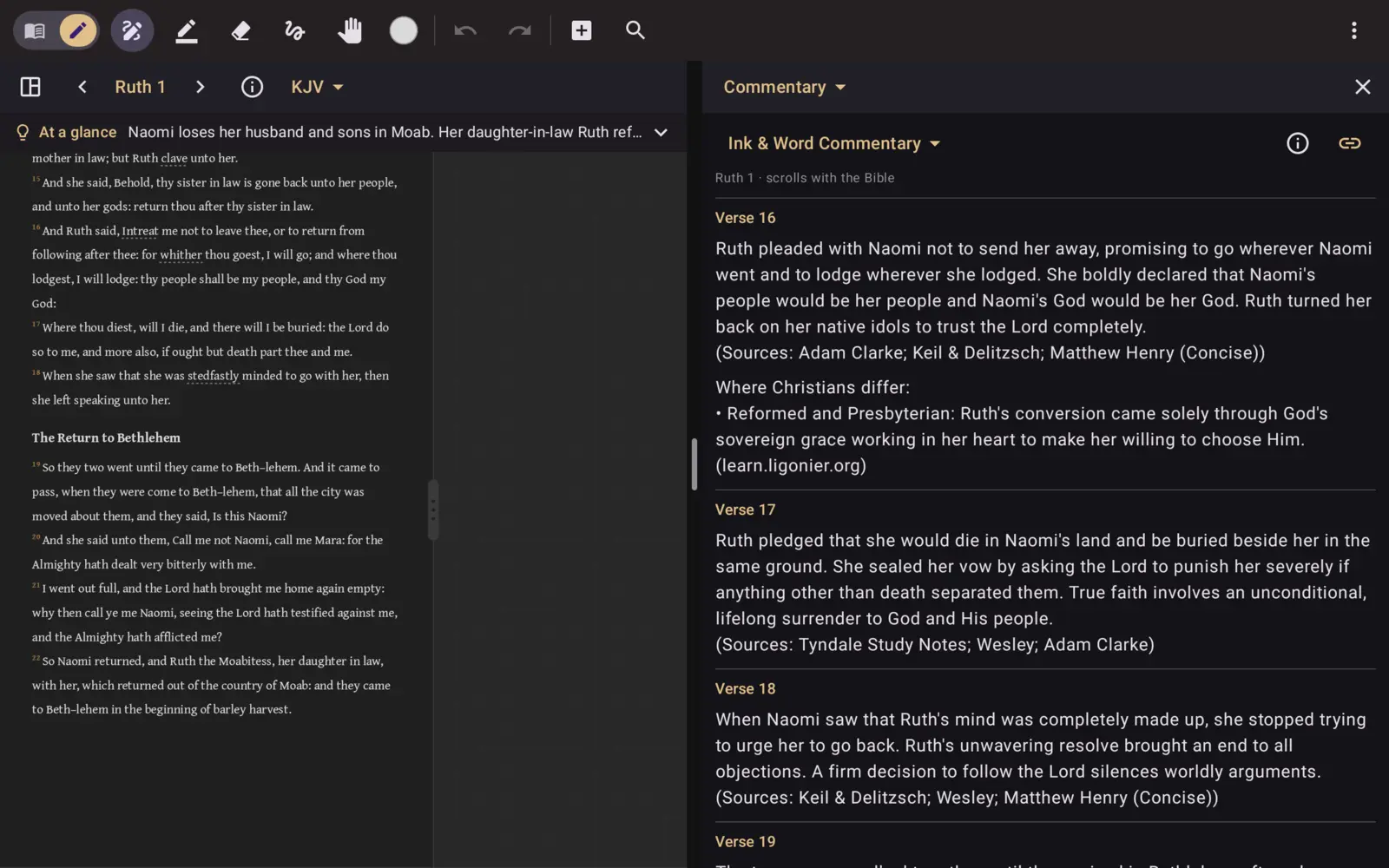 Ruth 1 beside the Ink & Word Commentary, with notes on verses 16 to 18