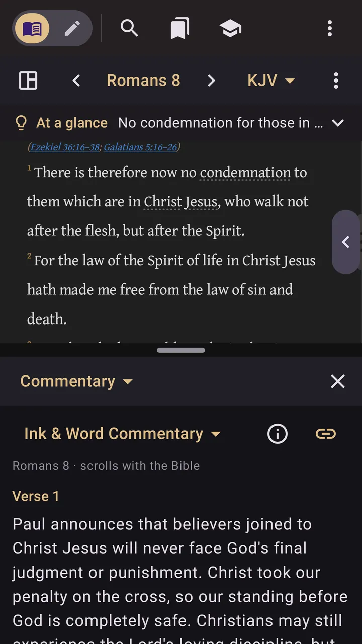 Romans 8 on a phone with the Ink & Word Commentary below it, explaining verse 1