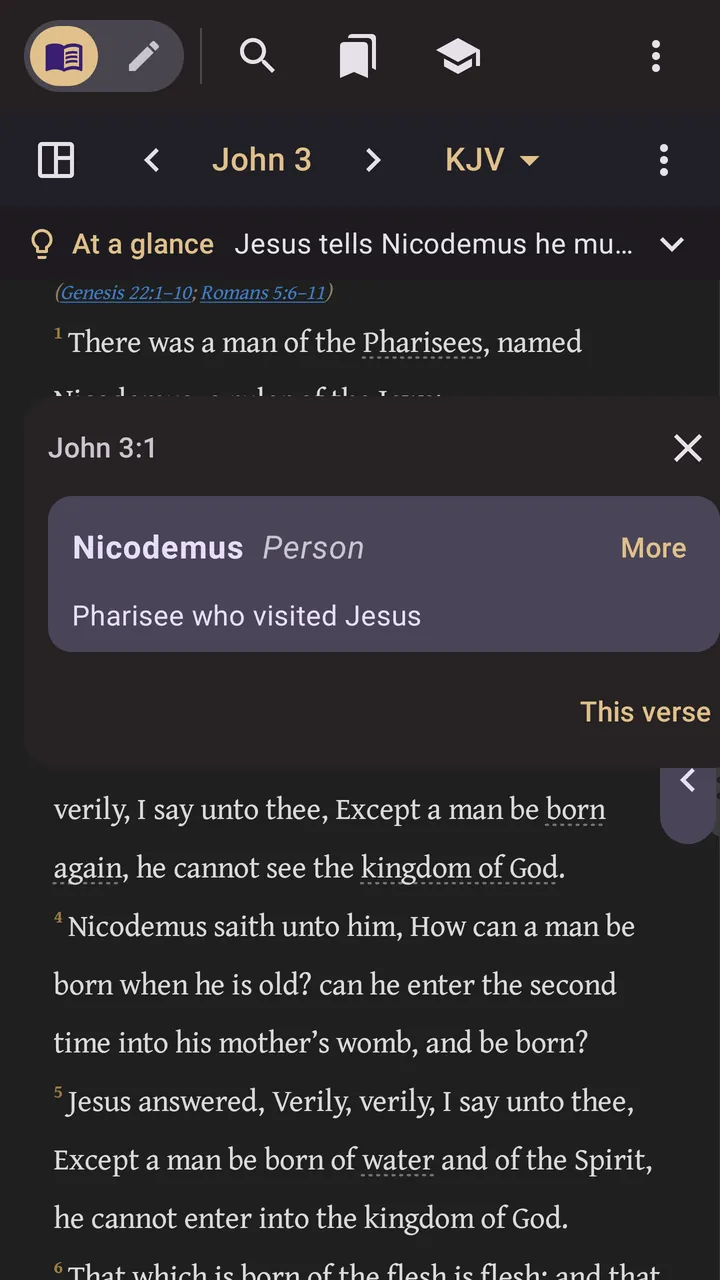 Ink & Word on a phone: John 3 with people, places and hard words underlined, and Nicodemus tapped, showing a card: Pharisee who visited Jesus