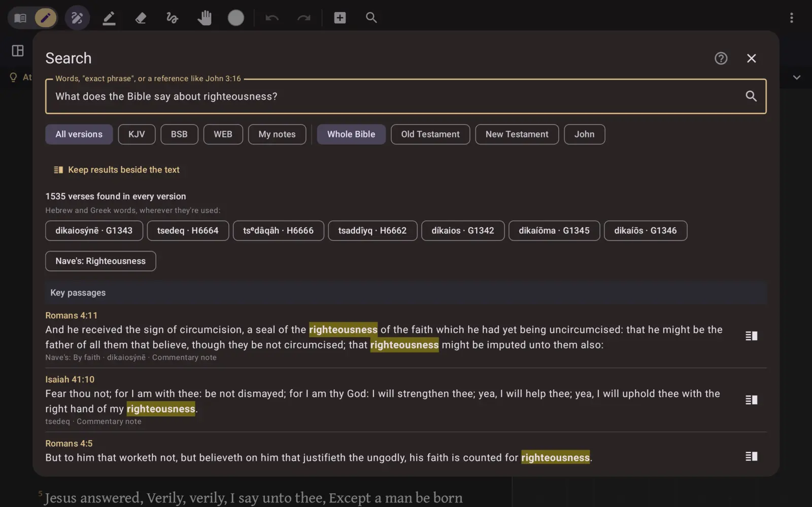 Advanced search in Ink & Word, with key passages grouped by meaning