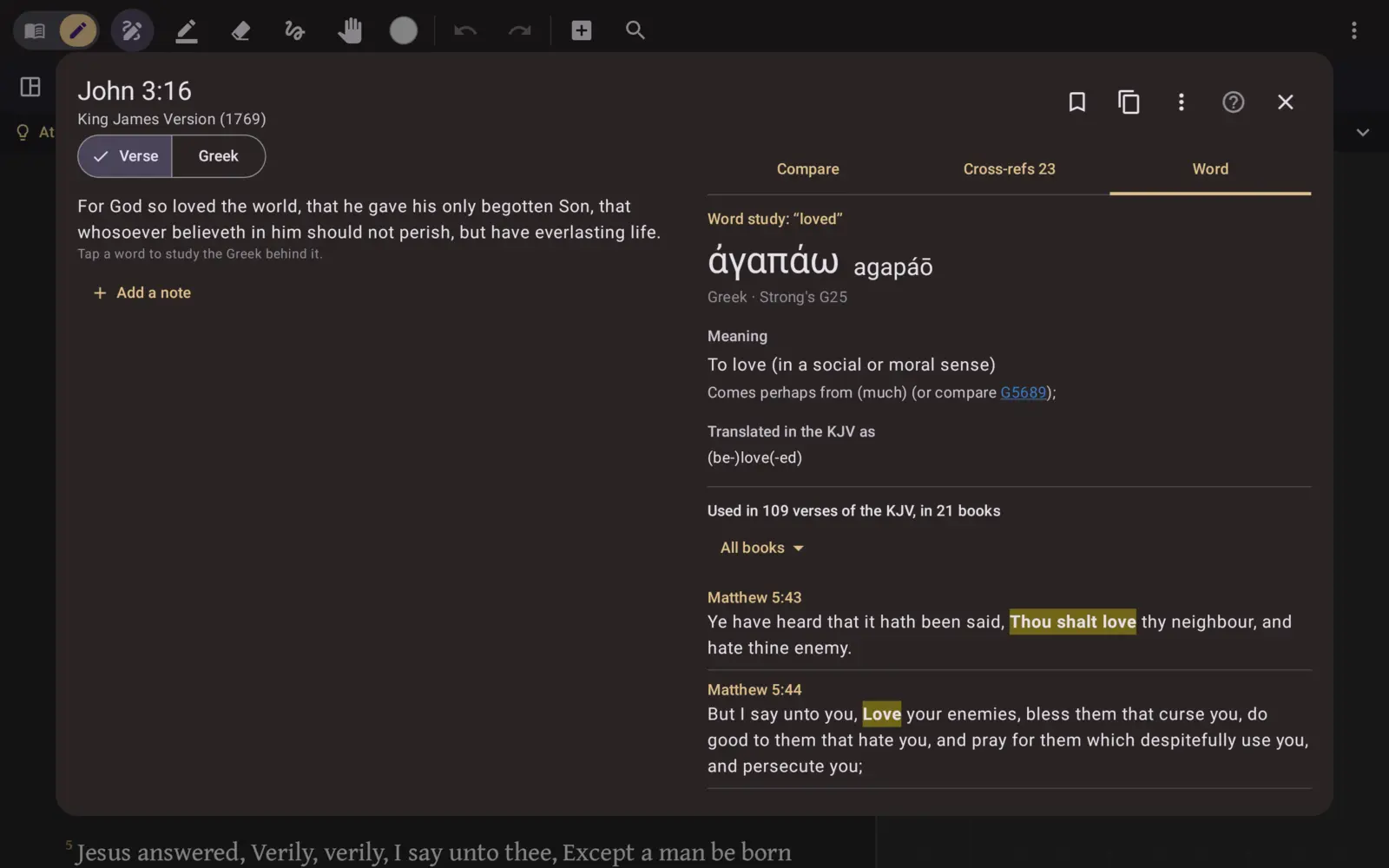 The verse pop-up for John 3:16 with the word study of the Greek word agapaō in its Word study tab
